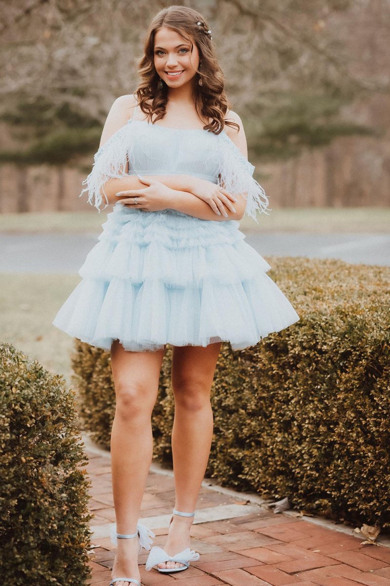 Thea |A Line Pink Glitter Tulle Homecoming Dress with Feather