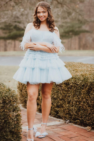 Thea |A Line Pink Glitter Tulle Homecoming Dress with Feather