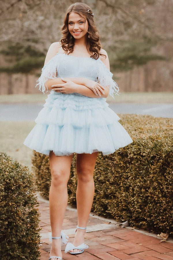 Thea |A Line Pink Glitter Tulle Homecoming Dress with Feather