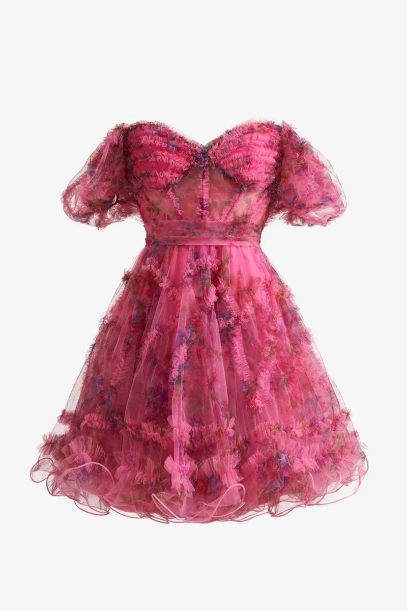 Ivana | Fuchsia A Line Off the Shoulder Printed Homecoming Dress