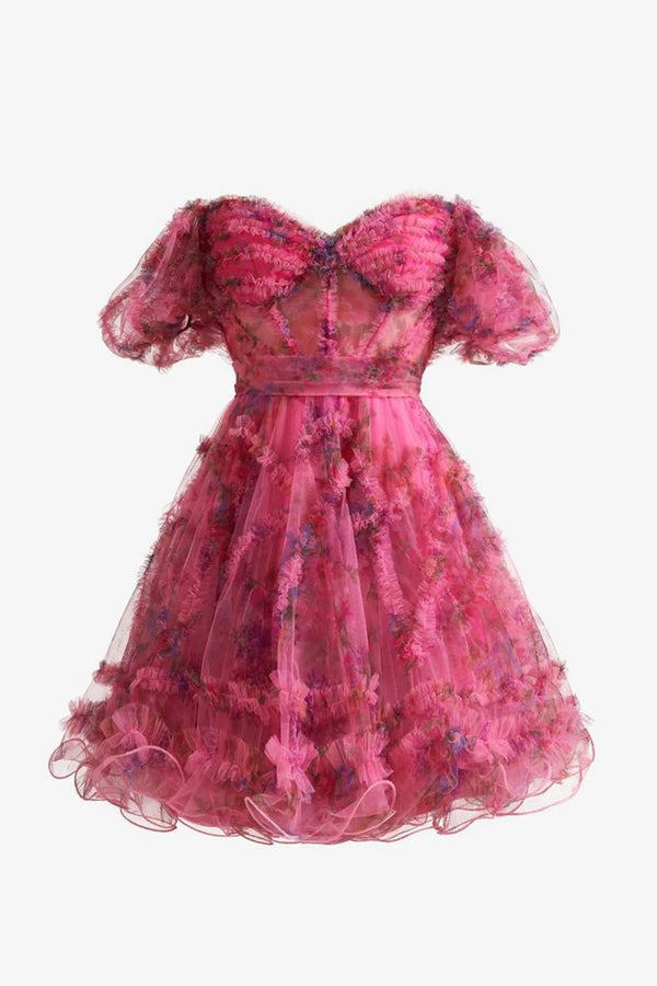 Ivana | Fuchsia A Line Off the Shoulder Printed Homecoming Dress