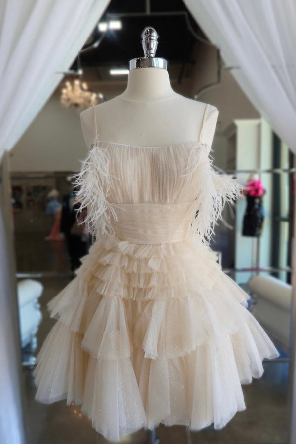 Thea |A Line Pink Glitter Tulle Homecoming Dress with Feather