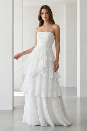 Cute A - Line Chiffon Strapless Tiered Wedding Dresses - KissProm