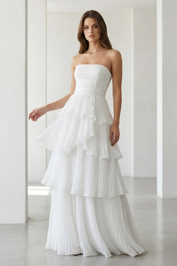 Cute A - Line Chiffon Strapless Tiered Wedding Dresses - KissProm