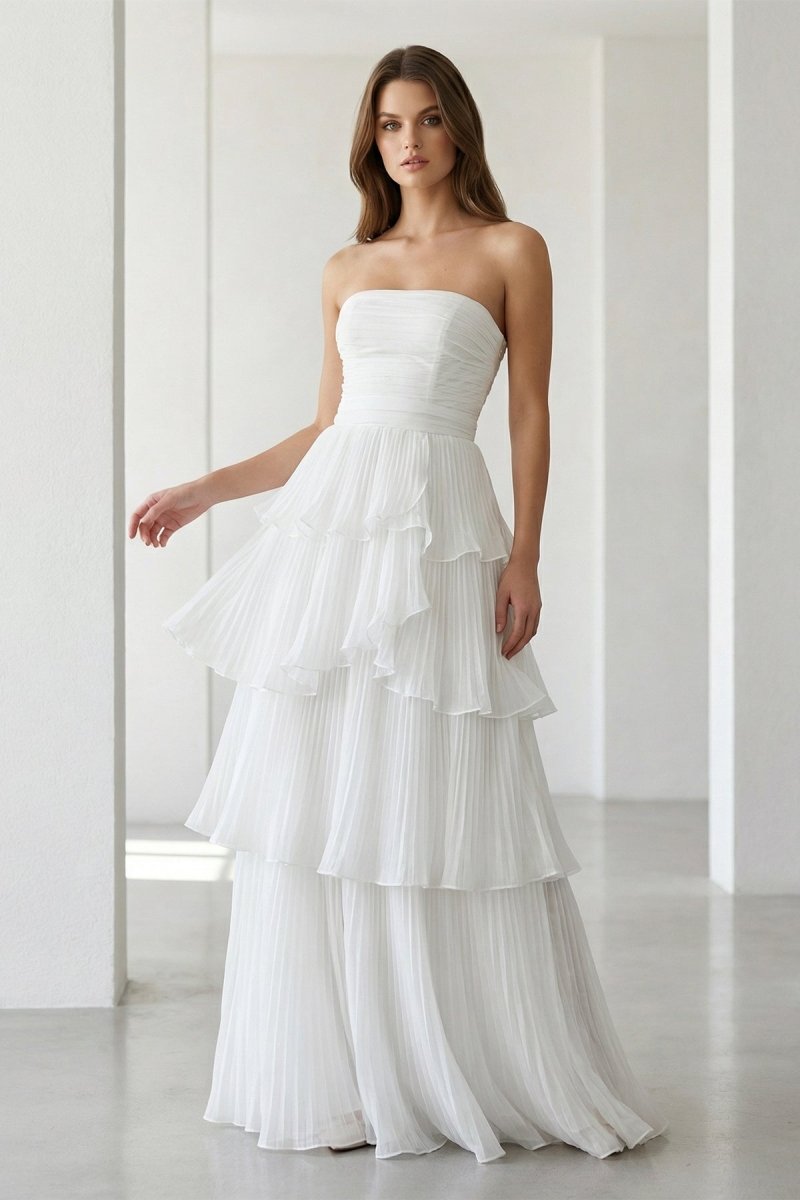 KissProm Cute A-Line Chiffon Strapless Tiered Wedding Dresses, Diamond White / 14