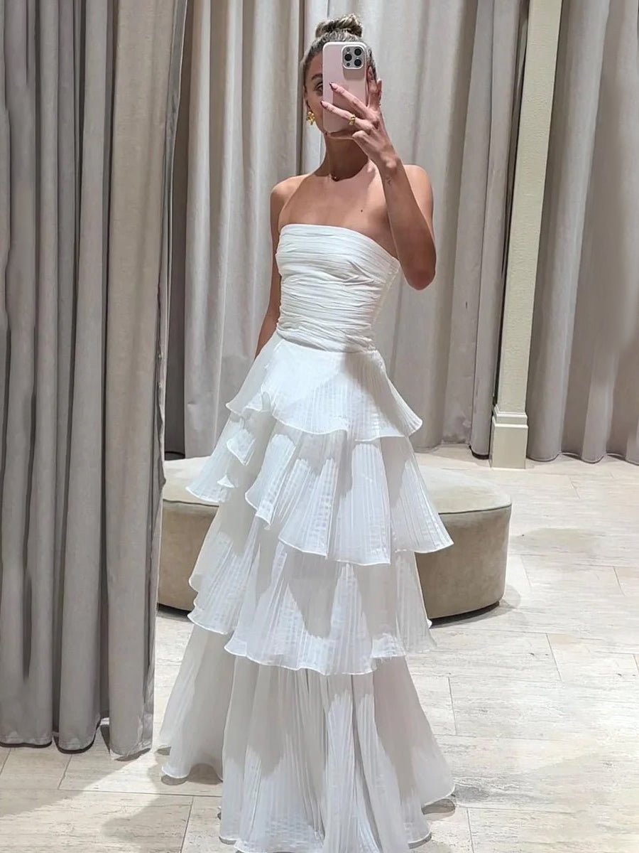 Cute A - Line Chiffon Strapless Tiered Wedding Dresses - KissProm
