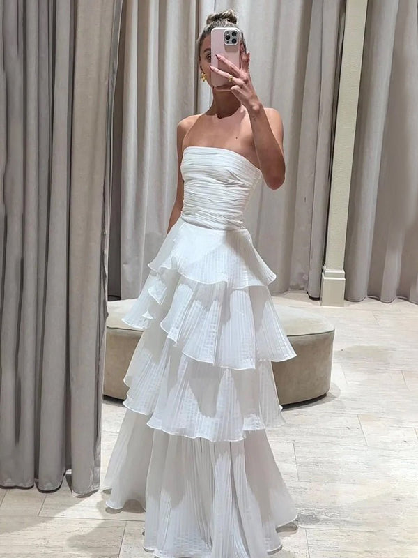Cute A - Line Chiffon Strapless Tiered Wedding Dresses - KissProm