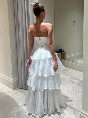 Cute A - Line Chiffon Strapless Tiered Wedding Dresses - KissProm