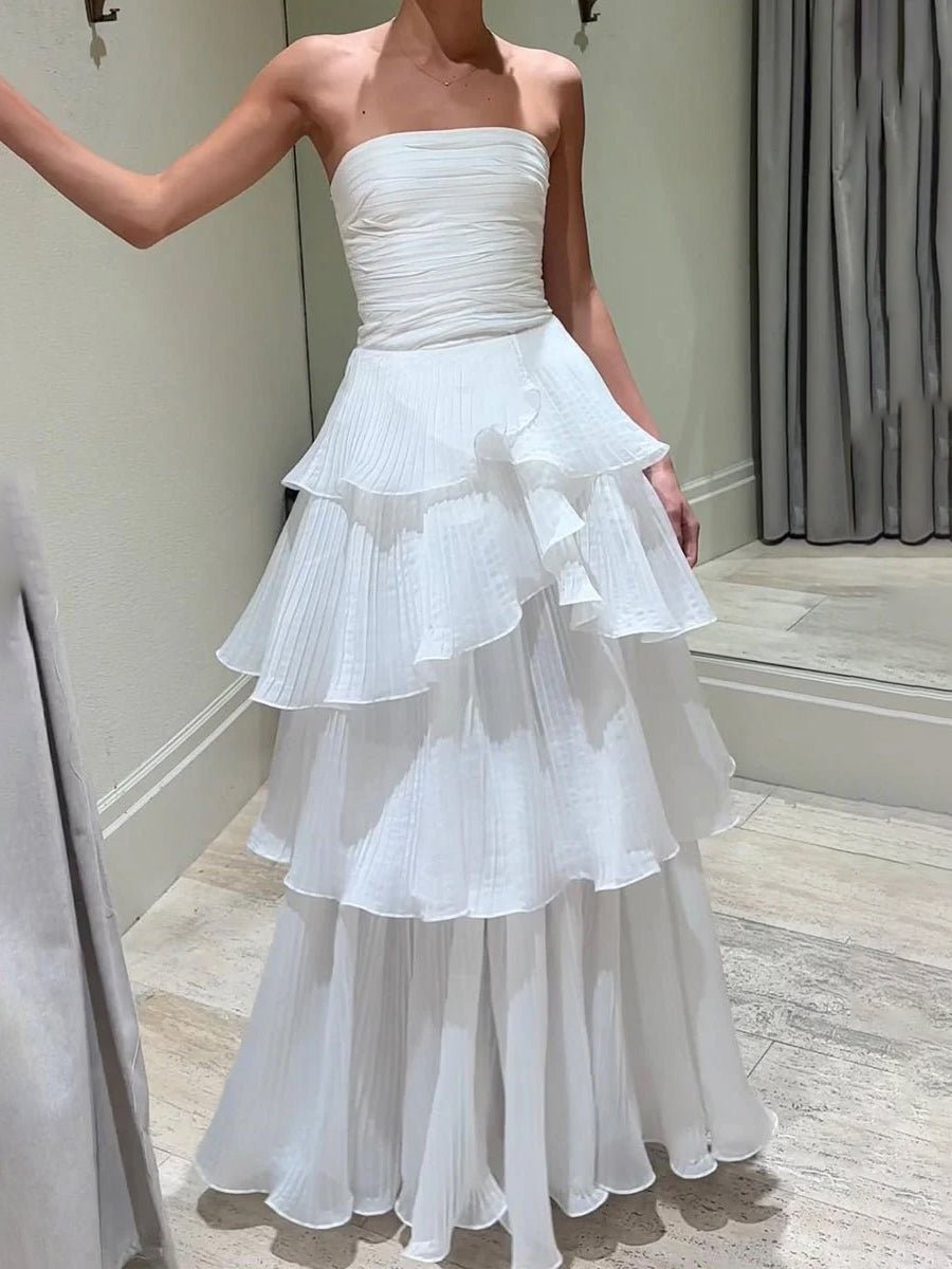 Cute A-Line Chiffon Strapless Tiered Wedding Dresses