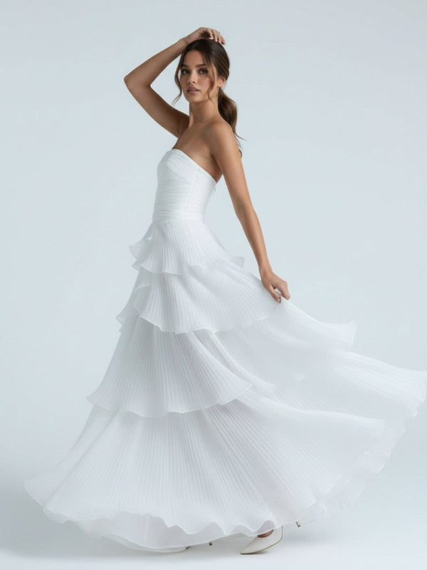 Cute A - Line Chiffon Strapless Tiered Wedding Dresses - KissProm