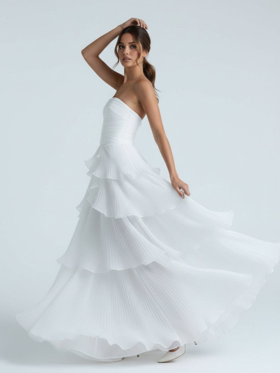 Cute A - Line Chiffon Strapless Tiered Wedding Dresses - KissProm