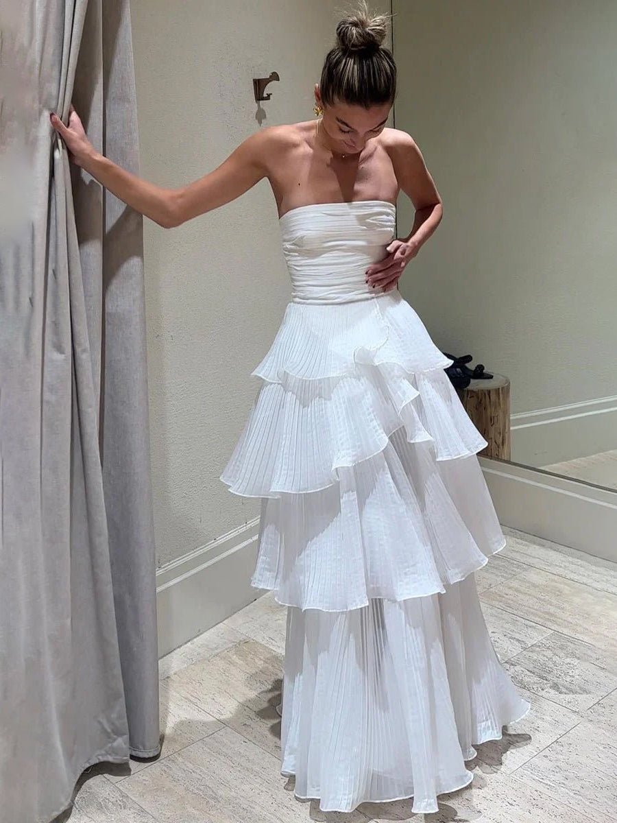 Cute A-Line Chiffon Strapless Tiered Wedding Dresses