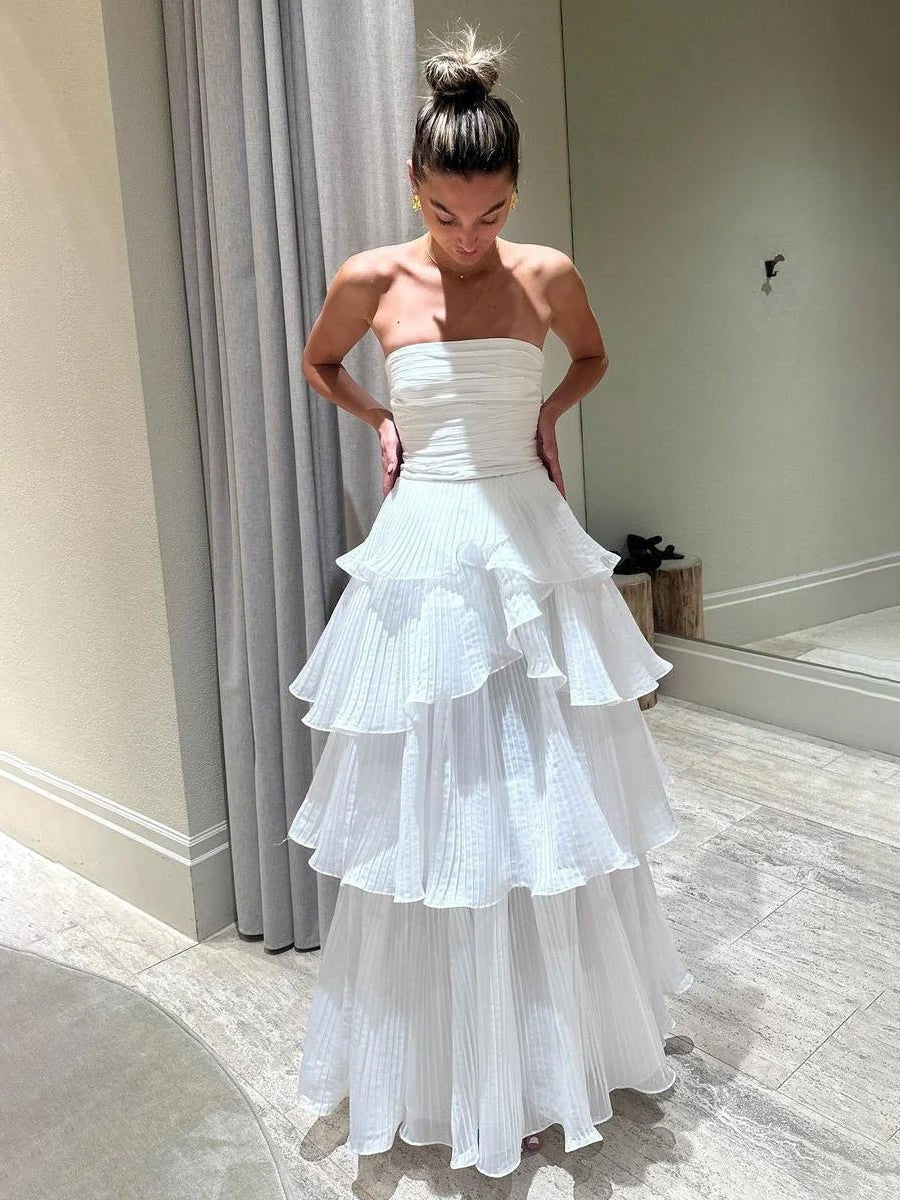 Cute A - Line Chiffon Strapless Tiered Wedding Dresses - KissProm