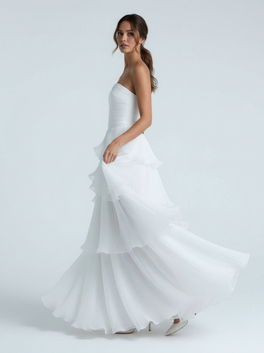 Cute A - Line Chiffon Strapless Tiered Wedding Dresses - KissProm