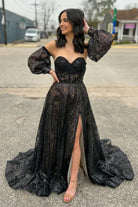 Trina | Cute A Line Sweetheart Black Sequins Long Prom Dresses - KissProm