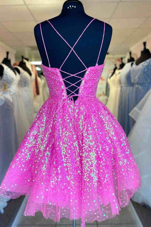 Hot Pink Sequins A-Line Homecoming Dress
