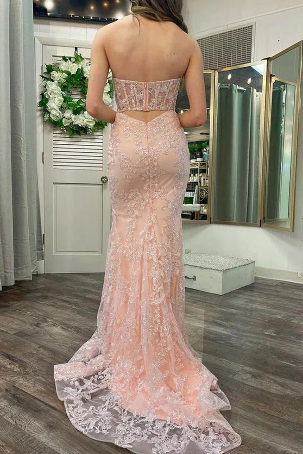 KissProm-Michaela Light Pink Mermaid Sweetheart Sequined Lace Long Prom Dress