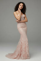 KissProm-Michaela Light Pink Mermaid Sweetheart Sequined Lace Long Prom Dress