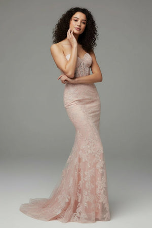 KissProm-Michaela Light Pink Mermaid Sweetheart Sequined Lace Long Prom Dress