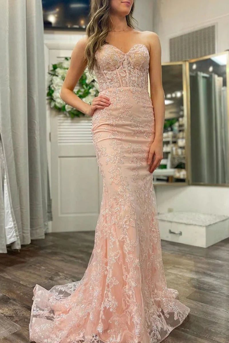 KissProm-Michaela Light Pink Mermaid Sweetheart Sequined Lace Long Prom Dress
