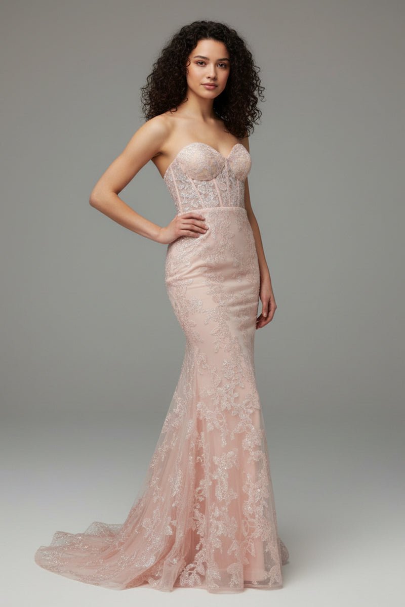 KissProm-Michaela Light Pink Mermaid Sweetheart Sequined Lace Long Prom Dress