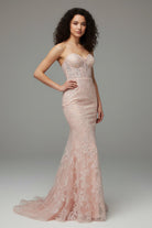 KissProm-Michaela Light Pink Mermaid Sweetheart Sequined Lace Long Prom Dress