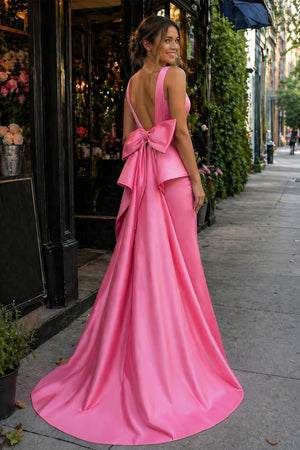 Cute Mermaid V Neck Pink Satin Long Prom Dresses with Big Bow, Pink / 12