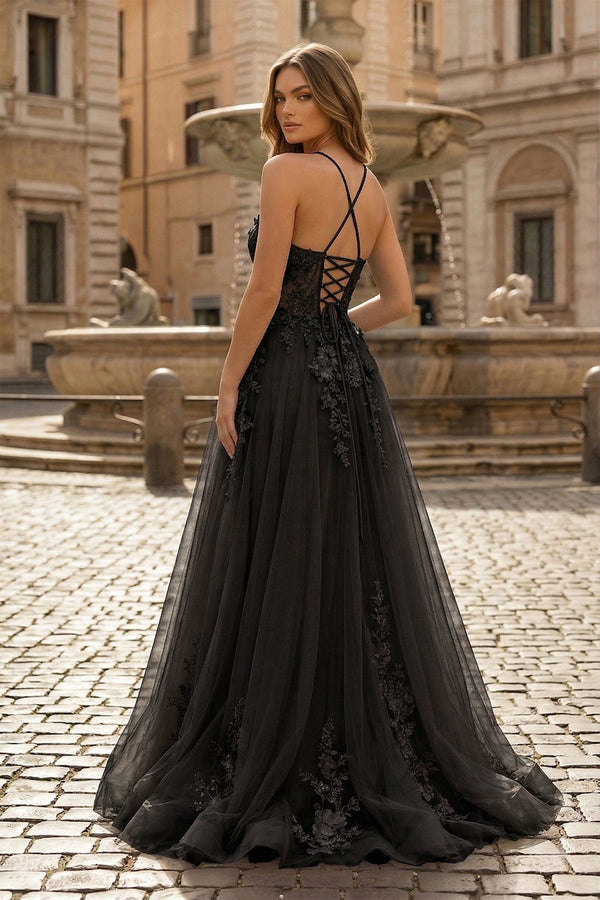 Coral Spaghetti-Straps A Line Tulle Prom Dress With Appliques - KISSPROM PROM DRESSES