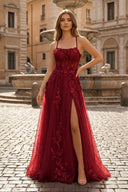 Coral Spaghetti-Straps A Line Tulle Prom Dress With Appliques - KISSPROM PROM DRESSES