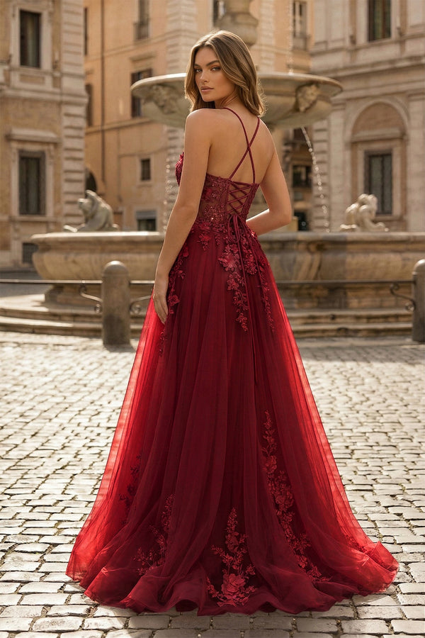 Coral Spaghetti-Straps A Line Tulle Prom Dress With Appliques - KISSPROM PROM DRESSES