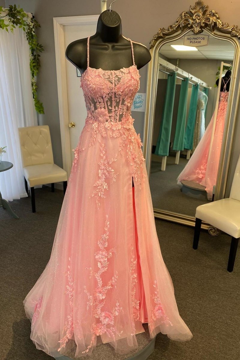 Coral Spaghetti-Straps A Line Tulle Prom Dress With Appliques Coral Spaghetti-Straps A Line Tulle Prom Dress With Appliques