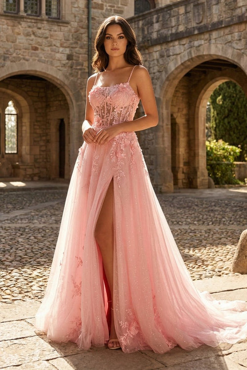 Coral Spaghetti - Straps A Line Tulle Prom Dress With Appliques - KissProm
