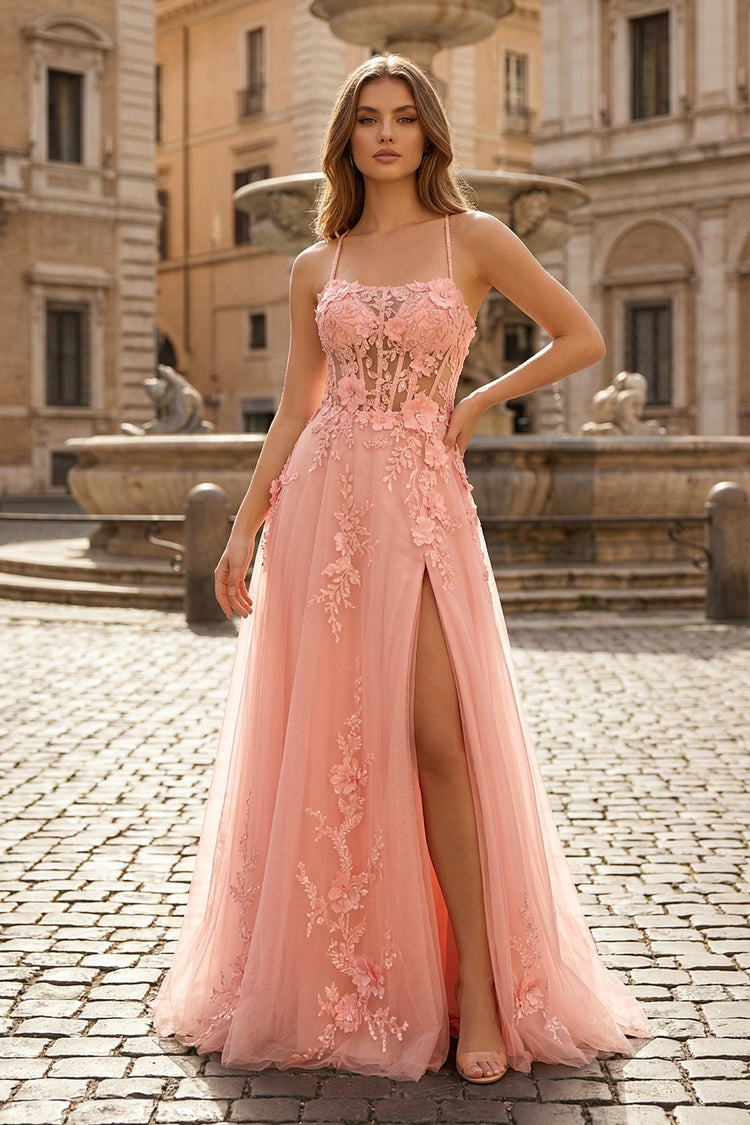 KissProm Coral Spaghetti-Straps A Line Tulle Prom Dress With Appliques, Coral Pink / 4