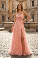 Coral Spaghetti-Straps A Line Tulle Prom Dress With Appliques - KISSPROM PROM DRESSES