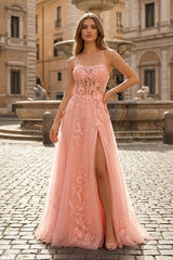 Coral Spaghetti-Straps A Line Tulle Prom Dress With Appliques - KISSPROM PROM DRESSES
