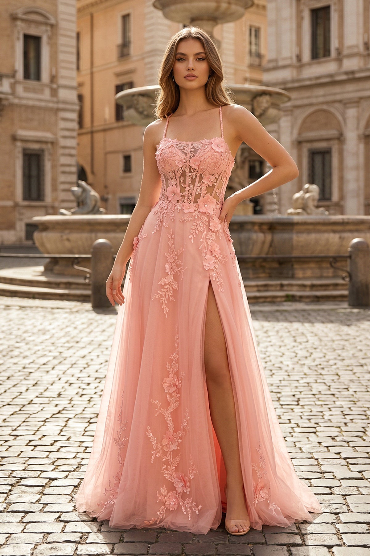 KissProm Coral Spaghetti-Straps A Line Tulle Prom Dress With Appliques, Coral Pink / 4
