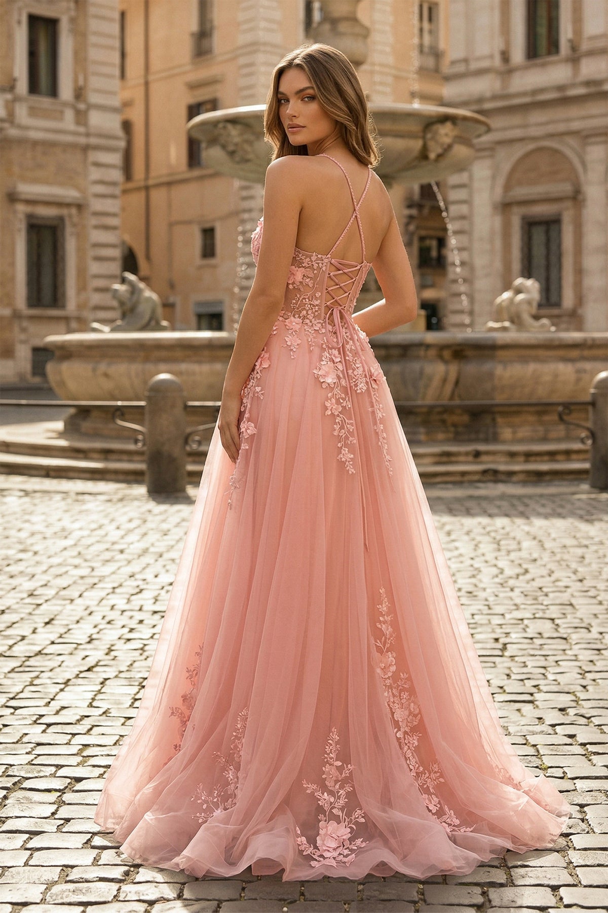 Coral Spaghetti-Straps A Line Tulle Prom Dress With Appliques Coral Pink / 4 Coral Spaghetti-Straps A Line Tulle Prom Dress With Appliques Coral Pink / 4