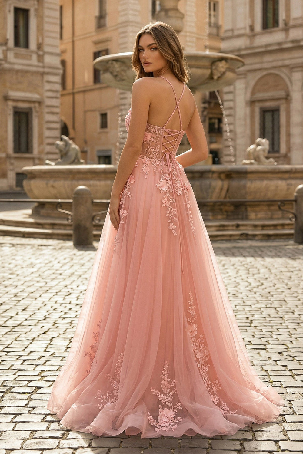 Coral Spaghetti-Straps A Line Tulle Prom Dress With Appliques - KISSPROM PROM DRESSES