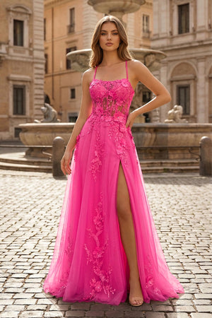 Coral Spaghetti-Straps A Line Tulle Prom Dress With Appliques - KISSPROM PROM DRESSES
