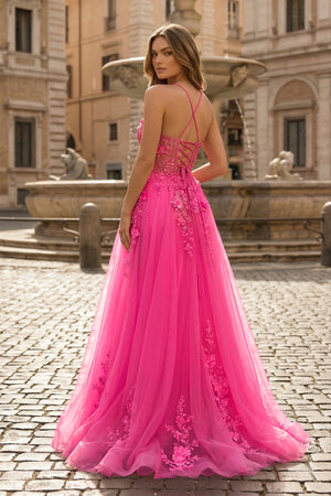 Coral Spaghetti-Straps A Line Tulle Prom Dress With Appliques - KISSPROM PROM DRESSES