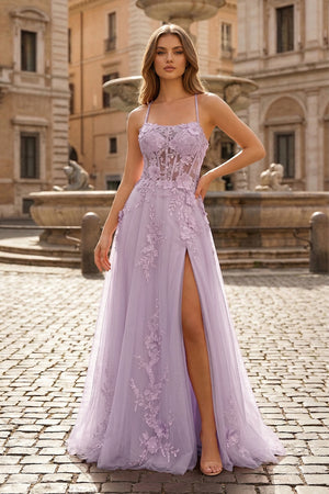 Coral Spaghetti-Straps A Line Tulle Prom Dress With Appliques - KISSPROM PROM DRESSES