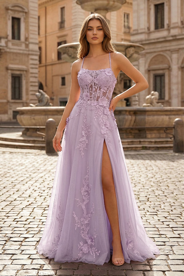 Coral Spaghetti-Straps A Line Tulle Prom Dress With Appliques - KISSPROM PROM DRESSES