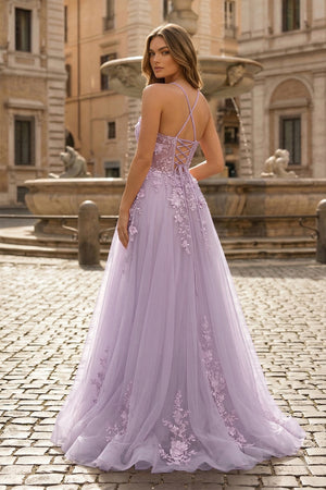 Coral Spaghetti-Straps A Line Tulle Prom Dress With Appliques - KISSPROM PROM DRESSES