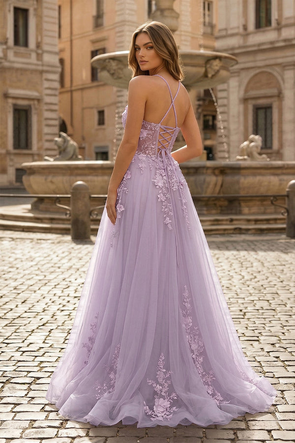 Coral Spaghetti-Straps A Line Tulle Prom Dress With Appliques - KISSPROM PROM DRESSES