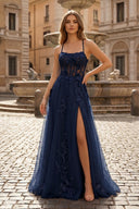Coral Spaghetti-Straps A Line Tulle Prom Dress With Appliques - KISSPROM PROM DRESSES