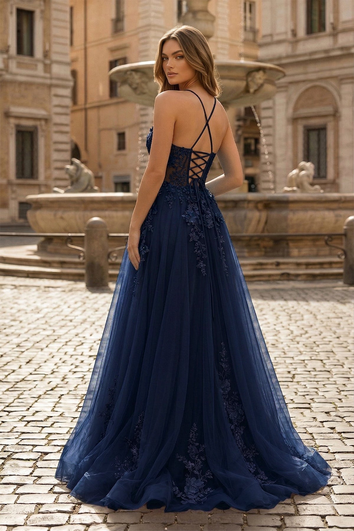 KissProm Coral Spaghetti-Straps A Line Tulle Prom Dress With Appliques, Navy Blue / 00