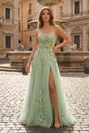Coral Spaghetti-Straps A Line Tulle Prom Dress With Appliques - KISSPROM PROM DRESSES