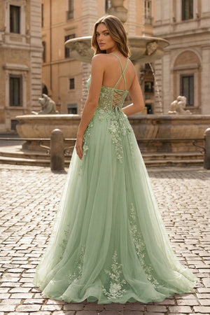 Coral Spaghetti-Straps A Line Tulle Prom Dress With Appliques - KISSPROM PROM DRESSES