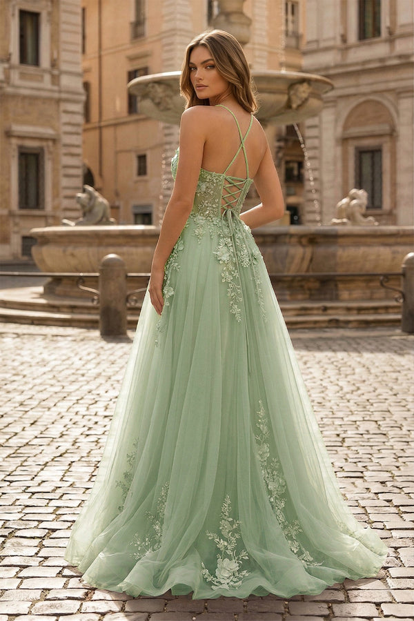 Coral Spaghetti-Straps A Line Tulle Prom Dress With Appliques - KISSPROM PROM DRESSES