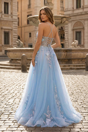 Coral Spaghetti-Straps A Line Tulle Prom Dress With Appliques - KISSPROM PROM DRESSES